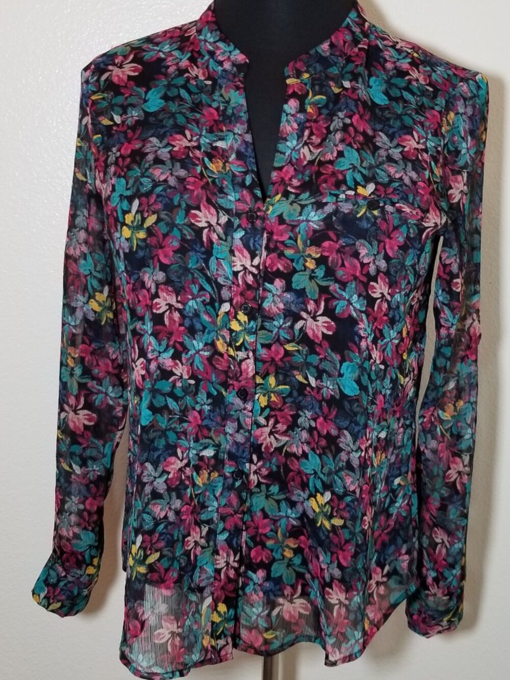 Kut from the Kloth Womens Large Floral Button Up Blouse Semi Sheer Boho Business